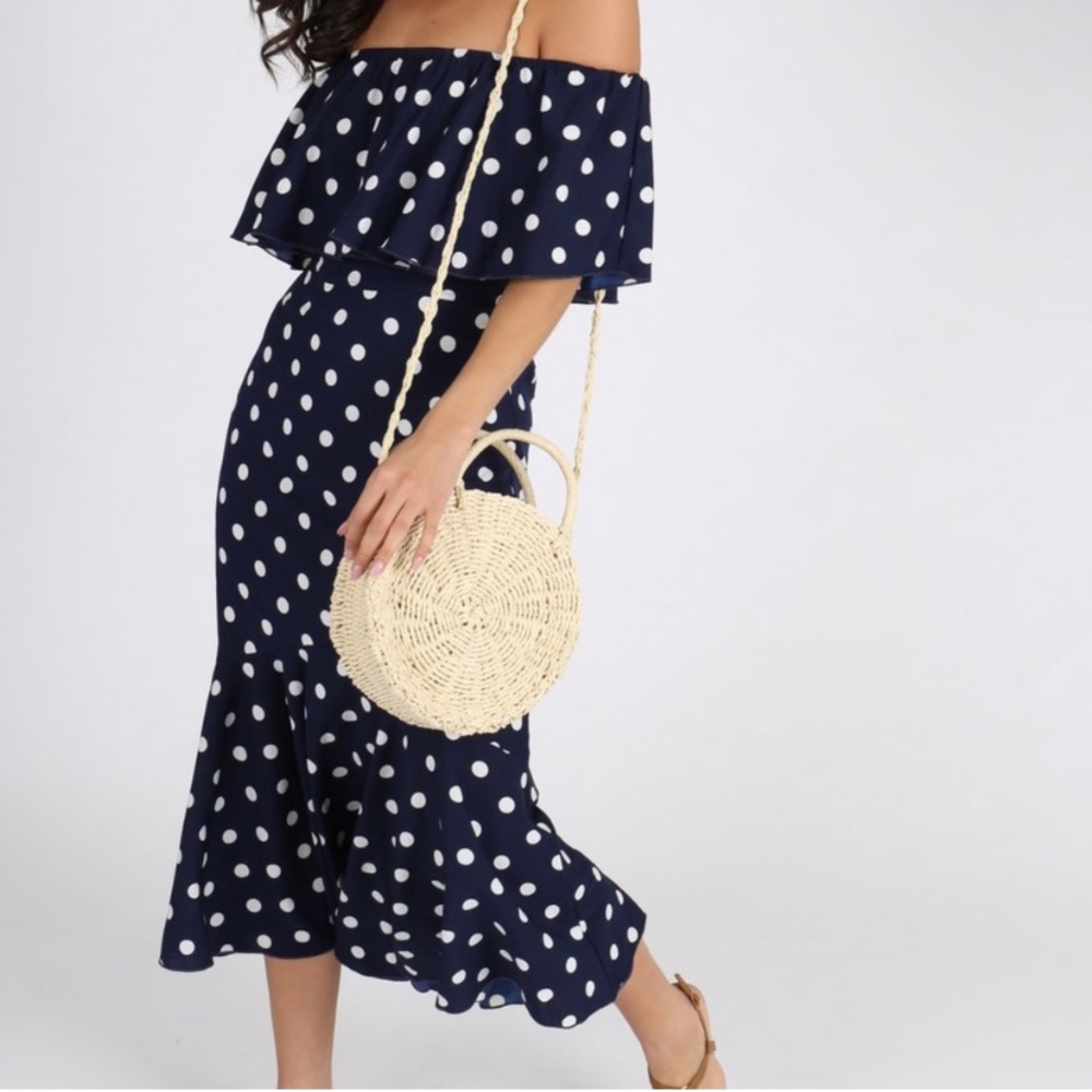 Navy Polka Dot Off the Shoulder Midi Dress